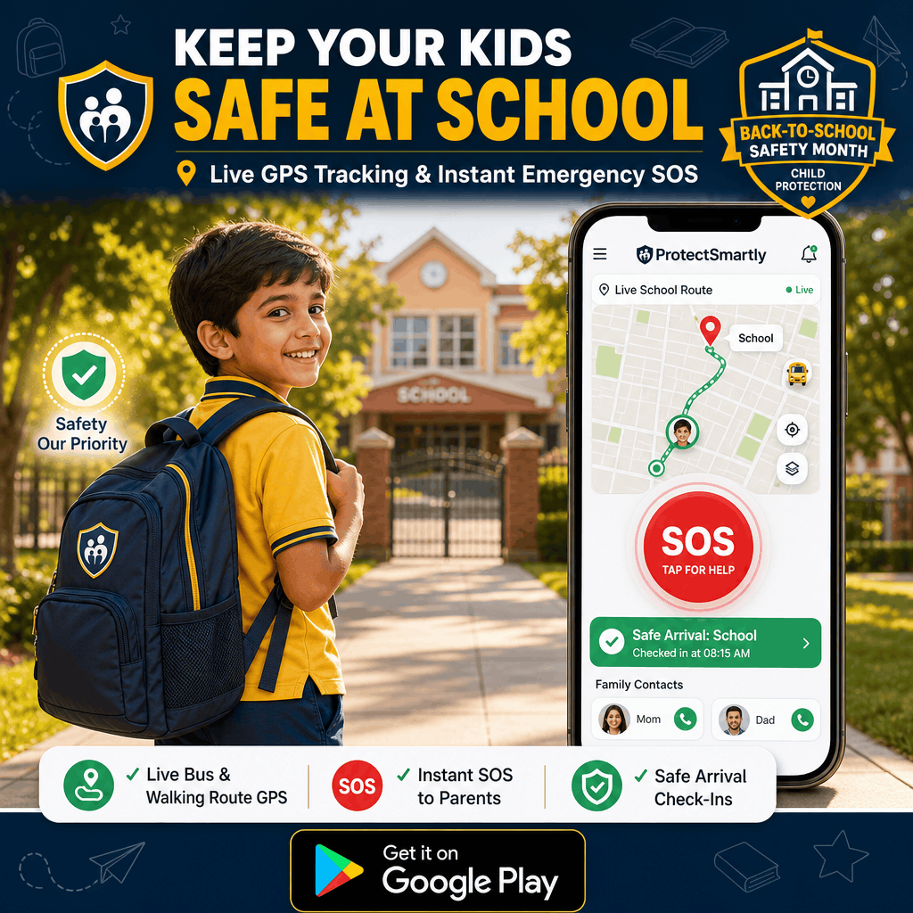 ProtectSmartly child safety app: live school route GPS tracking, instant SOS to parents and safe arrival check-ins. Get it on Google Play.